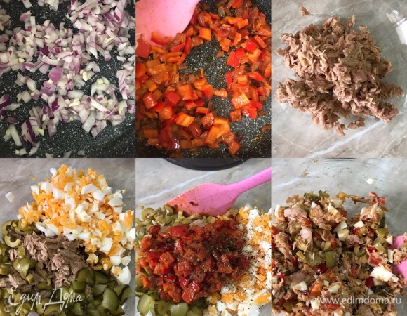 Яйца отварить и остудить. Лук и чеснок мелко нарезать. Болгарский перец нарезать крупными кубиками. В сковороде разогреть масло, обжарить лук и чеснок, добавить пассату, болгарский перец, перемешать, потушить 1–2 минутки и полностью остудить. Тунец переложить в миску и слегка размять вилкой. Яйца, огурец, оливки крупно нарезать. К тунцу добавить жареный лук и остальные нарезанные ингредиенты. Затем добавить перец, орегано и перемешать.