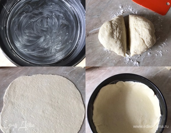 Духовку нагреть до 180°C. Форму диаметром 20 см слегка смазать сливочным маслом. Тесто разделить на две части, раскатать, переложить в форму.