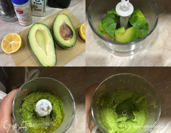 Из авокадо удалить косточку и ложкой достать мякоть. Переложить мякоть в блендер, сразу же добавить лимонный сок (тогда паста не потемнеет), остальные ингредиенты и начинаем взбивать. У нас должна получиться нежная масса, которая не растекается.