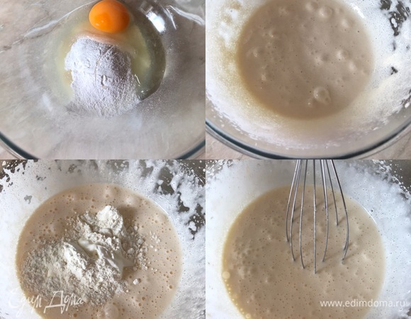 Крем. В миске хорошо взбить яйцо, сахар и ванильный сахар. Потом добавить сливочный сыр, муку и еще раз слегка взбить.