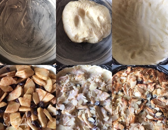 Духовку нагреть до 180°C. Форму диаметром 20 см слегка смазать сливочным маслом и посыпать мукой. Достать тесто из холодильника, руками распределить его по форму и сделать бортики. Если тесто будет сильно липнуть к рукам, то посыпьте немного мукой. Затем в форму переложить яблочную начинку, полить кремом и посыпать миндальными лепестками. Выпекать пирог 50–60 минут.