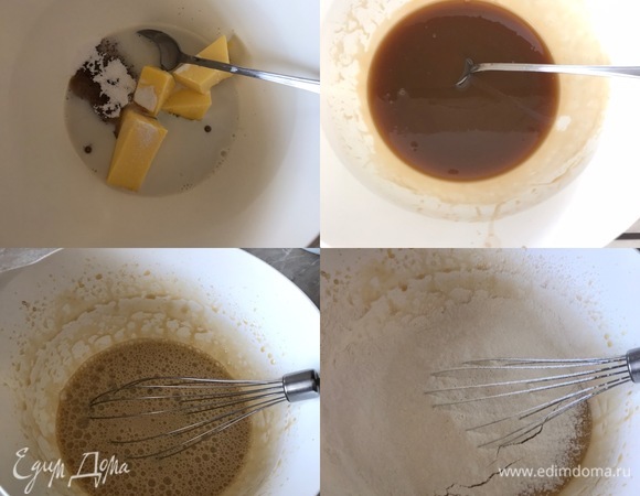 В миске смешать молоко, сахар, сливочное масло, ванильный сахар и мед. Поставить миску на водяную баню, периодически помешивать и ждать, пока все растворится. Когда все растворится, снять с водяной бани и венчиком быстро вбить яйцо. Муку просеять, добавить соду и соль. Начать постепенно добавлять муку и замесить нежное тесто, которое не липнет к рукам.