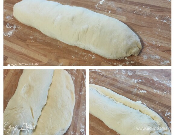 Подошедшее тесто обмять и сформировать батон, несколько раз подминая продолговатую сторону под себя и формируя удлиненные кончики.