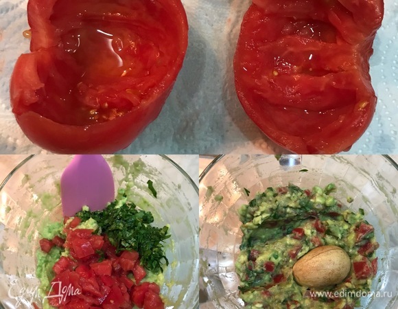 Помидор разрезать пополам, ложкой удалить сердцевину и мелко нарезать. Кинзу промыть, обсушить бумажным полотенцем и тоже мелко нарезать. Добавить к авокадо помидор, кинзу, соль и хорошо перемешать. В миску с гуакамоле положить косточку авокадо, затянуть миску пленкой и поставить в холодильник на 15–20 минут.