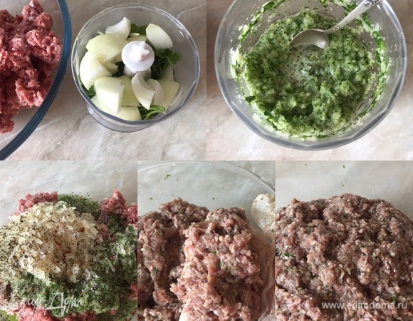 Лук, чеснок, зелень измельчить в блендере. Рис хорошо промыть. В миску переложить фарш, добавить зелень с луком, промытый рис, соль, перец, чили и 50 мл воды. Хорошо вымесить массу руками. Начинка должна получиться слегка жидковатой, если потребуется, то добавьте остальную воду. Накрыть миску с начинкой пленкой и дать постоять 10–15 минут.