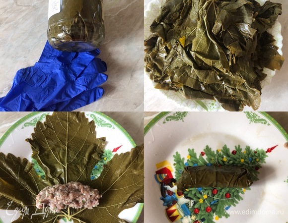 Я всегда покупаю готовые виноградные листья в банке, так как, во-первых, это экономит мне время, во-вторых, они всегда мягкие. Работать с листьями и заворачивать голубцы я советую в перчатках, так как от листьев темнеет кожа рук и потом может даже чесаться. Итак, листья достать из банки и хорошо промыть. У виноградным листьев отрезаем хвостики-веточки, выкладываем начинку и заворачиваем. Не советую класть слишком много начинки, так как тяжело будет свернуть голубец, и он будет не очень красивым.