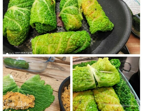 Вырезать жесткую часть середины листа. Выложить начинку в середину капустных листьев, скрутить голубцы. По желанию можно закрепить деревянными шпажками. Начинки получается много, экономить не стоит. Разогреть масло и обжарить голубцы с обеих сторон до легкого золотистого цвета.