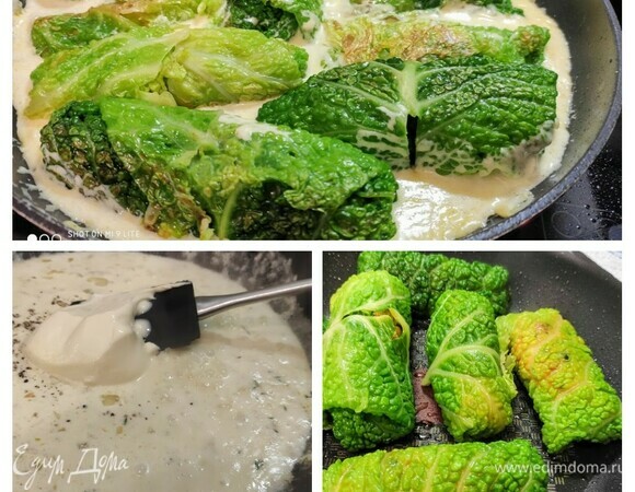 Соус: на другой сковороде разогреть масло и пассеровать оставшийся лук. Влить вино, увеличить огонь и дать выпариться алкоголю. Влить сливки (можно любой жирности), добавить плавленый сыр (жирность на ваш выбор) и довести до кипения. Приправить по вкусу солью, перцем и листиками тимьяна. Выложить обжаренные голубцы в соус и готовить под крышкой на маленьком огне около 15 минут. По необходимости добавить еще сливки. Следить, чтобы не подгорело.