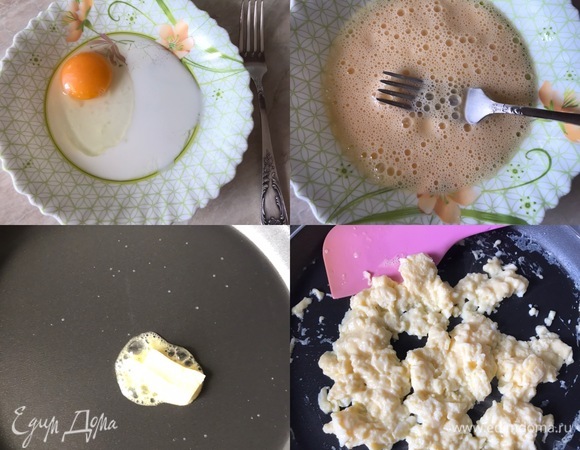 Готовим яичницу-болтунью. В тарелке слегка взбить яйцо с молоком и солью. На разогретую сковороду добавить сливочное масло, затем вылить яйцо и медленно двигать его по дну сковороды и краям. Готовую яичницу сразу же снять с огня и остудить.
