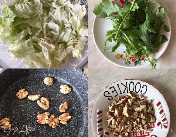 Капусту и руколу вымыть и дать воде хорошо стечь. Орехи прокалить на сковороде, очистить от шелухи и порубить ножом.