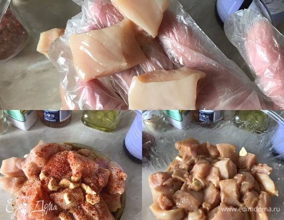 Филе нарезать крупными кубиками. Чеснок — пластинками. Из лимона выжать сок. В миску переложить филе, добавить все остальные ингредиенты для маринада, хорошо все перемешать и поставить в холодильник мариноваться на один час, но можно и дольше.