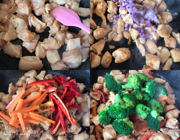 В сковороде с толстым дном разогреть масло и обжарить филе до готовности. Потом добавить лук, чеснок. Перемешать и потушить одну минуту. Затем добавить морковь, перец, сельдерей, соевый соус, перемешать и потушить еще пару минут. В конце добавить брокколи, перемешать и снять с огня.