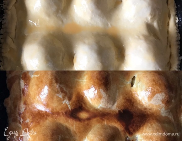 Раскатать вторую часть теста, накрыть сверху яблоки и хорошо защипить края. Желток смешать с молоком и смазать верх пирога.