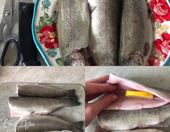 Рыбу очистить, удалить жабры, голову, хорошо промыть и обсушить бумажным полотенцем. Посолить и в брюшко положить лимон.