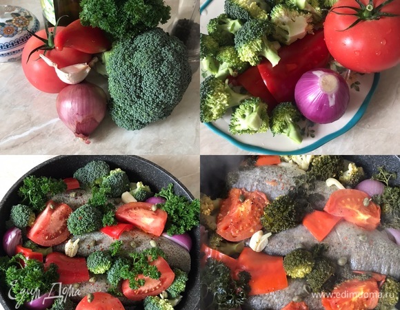 Подготовить овощи. Брокколи разобрать на соцветия. Все овощи вымыть и крупно нарезать. В сковороду с толстым дном налить масло, далее в сковороду выкладываем рыбу, овощи, петрушку и каперсы. Полить все вином, посолить, поперчить, накрыть крышкой и поставить на огонь. Готовить до готовности 15–20 минут, в зависимости от размера рыбы.