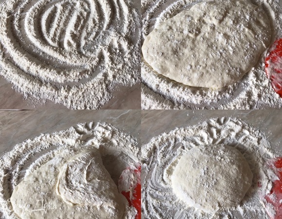 Рабочую поверхность хорошо посыпать мукой, переложить тесто, сложить его методом Stretch & Fold и подкатать в шар. Кто печет хлеб дома, знает этот метод. Накрыть тесто и дать ему полежать 10 минут.