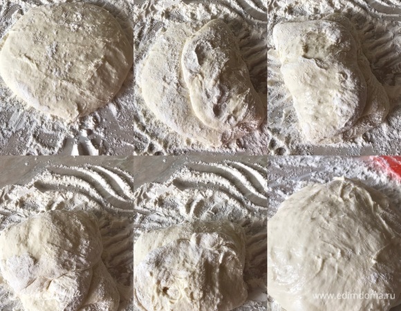 Спустя указанное время делаем то же самое, то есть складываем тесто, подкатываем его в шар и оставляем на 20–30 минут. Тесто уже не такое влажное, оно прекрасно держит форму и, самое главное, оно не забито мукой. Советую вам приобрести скребок для теста, он очень помогает работать с таким влажным тестом. А теперь самое время включить духовку и прогреть ее до максимальной температуры, у меня это 230°C, если у вас есть камень для пиццы, то, конечно, лучше печь на нем.