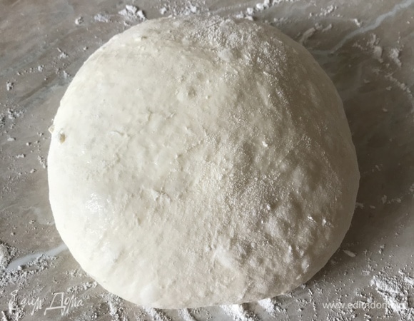 Мое тесто спустя 30 минут, оно уже готово к выпечке. Дальше просто руками растягиваем тесто, оно очень нежное, поэтому это надо делать аккуратно и, самое главное, не использовать скалку! Растянули, придали круглую форму и аккуратно перенесли на противень, а дальше начинка — по вкусу.