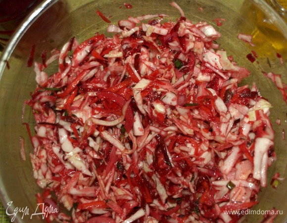 Добавляем в салат мед, яблочный уксус и растительное масло. Хорошо перемешать. Отрегулировать специи и приправы по своему вкусу. Салат готов.