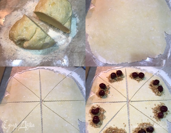 Духовку нагреть до 180°C. Рабочую поверхность посыпать мукой, тесто разделить на две части. Раскатать одну часть теста в круг и разделить на треугольники. Каждый треугольник посыпать ореховой начинкой, а сверху положить вишню. Я положила в каждый рогалик по две штучки, но вы можете положить одну или сделать рогалики больше и положить три — как хотите.