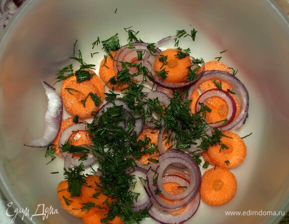 Можно взять стеклянную банку. Я использовала контейнер. Выкладываем слоями морковь, лук, зелень.