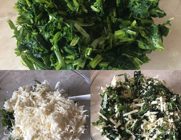В миске смешать зелень, отжатый шпинат и сыр.
