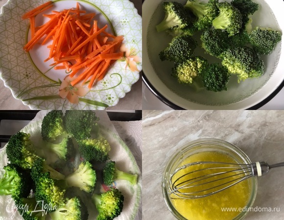 Морковь нарезать тонкими полосками, переложить в миску, сбрызнуть яблочным уксусом, перемешать и дать постоять пару минут. Брокколи разобрать на соцветия и бланшировать пару минут. Затем переложить на бумажное полотенце и остудить. Для заправки: чеснок выдавить через пресс, в пиале смешать оливковое масло, мед, лимонный сок и чеснок.