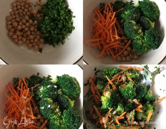 Зелень нарезать. В салатницу положить нут, зелень, морковь, брокколи, добавить соль, перец, заправку и хорошо перемешать.