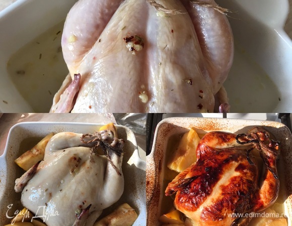 Запекать примерно 50–60 минут, затем снять фольгу, добавить оставшуюся айву, полить курицу выделившимся соком.