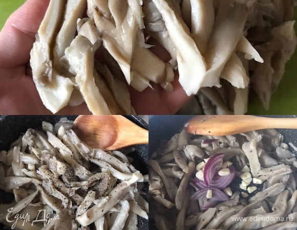 Грибы нарезать полосками. В сковороде с толстым дном разогреть масло, добавить грибы, соль, перец. Потушить и дать выпариться жидкости. Потом добавить лук, чеснок и обжарить.