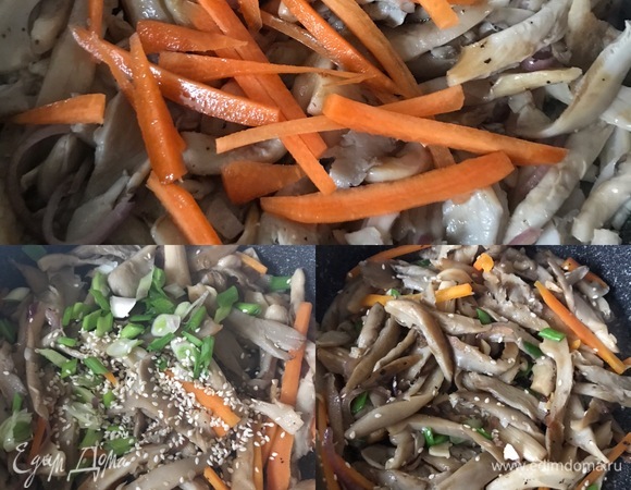 Затем добавить морковь, соевый соус, перемешать и тоже обжарить в течение 1–2 минут. В конце добавить зеленый лук, кунжут, чили. Перемешать и снять с огня.