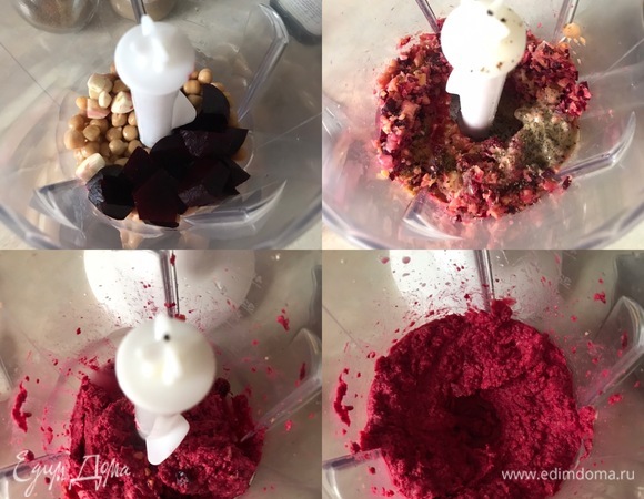 Свеклу и чеснок нарезать. В чашу блендера положить нут, свеклу, чеснок и взбить на максимальной скорости. Потом добавить тахини, лимонный сок, соль, перец, кумин, оливковое масло (одну столовую ложку) и еще раз хорошо взбить. Затем начать добавлять воду по 1 ст. л. и продолжать взбивать.