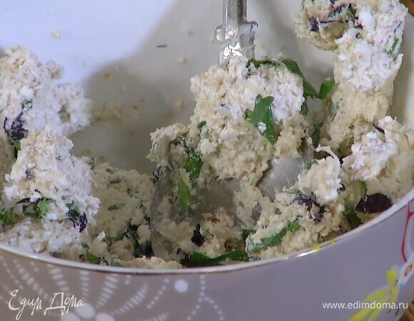 Приготовить начинку: в чашу блендера выложить грецкие орехи, сельдерей, чеснок, творог, все посолить и взбить, затем добавить сванскую соль, хмели-сунели и еще немного взбить. Творожную массу выложить в глубокую миску, добавить натертый сыр, измельченную зелень и все перемешать.