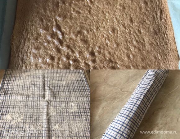 Полотенце посыпать сахарной пудрой, перенести на него горячую основу, аккуратно снять бумагу для выпечки и свернуть в рулет. Полностью остудить.