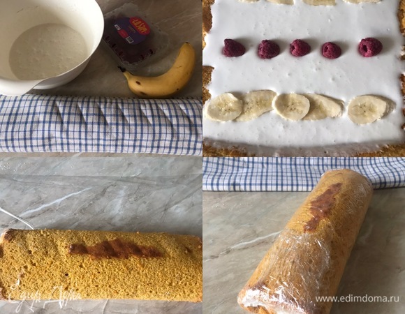 Для крема сахар лучше смолоть в сахарную пудру. Итак, сметану взбить, добавить сахар, ванильный сахар и еще раз слегка взбить. Готовый крем поставить в холодильник на 5–10 минут. Затем развернуть рулет, смазать его кремом, разложить немного ягод и фруктов (бананы я нарезала очень тонко и малины добавила совсем чуть-чуть, так как, если положить слишком много фруктов, рулет будет тяжело свернуть и вид у него будет не очень красивый), аккуратно свернуть в рулет, завернуть в пищевую пленку и поставить в холодильник на 4–5 часов.