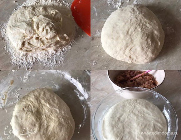 Спустя указанное время посыпаем рабочую поверхность оставшейся мукой, перекладываем тесто и начинаем вымешивать. Нам надо замесить нежное и слегка липнущее к рукам тесто, поэтому постарайтесь не забивать его мукой. Миску слегка смазать растительным маслом, переложить тесто в миску, накрыть и поставить в теплое место на 2–2,5 часа. Тесто должно увеличиться в объеме. На фото видно, как мое тесто поднялось.