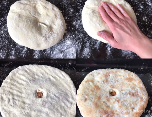 Лепешку переложить на противень швом вниз, рукой растянуть края и придать изделию круглую форму, сделать в середине дырочку и поставить в духовку.