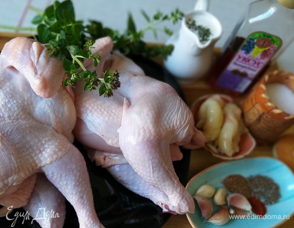 Разделать тушку цыпленка: удалить фаланговую часть крыльев, разрезать тушку в середине грудки. Вырезать остов шеи и ребра. Обернуть тушку пищевой пленкой и отбить кулинарным молотком. Более тщательно нужно отбивать птицу с внутренней стороны, там, где много суставов; а вот в области кожи лучше не усердствовать, чтобы не порвать ее — важно сохранить красивый внешний вид цыпленка при подаче. Тушку смазать уксусом, обернуть пищевой пленкой и оставить в холодильнике на 1 час. Чеснок измельчить, смешать с солью и специями; добавить растительное масло и взбить. Получится маринад. Все эти операции можно быстро и качественно сделать с помощью одной из насадок KENWOOD. Получившейся масляно-пряной смесью натереть тушку. Обернуть в пищевую пленку и убрать в холодильник на 2 часа.