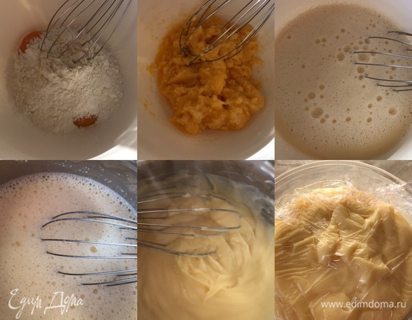 Молоко подогреть. В миске смешать венчиком желтки, сахар, ванильный сахар, муку и крахмал. Затем добавить подогретое молоко, быстро перемешать венчиком, перелить в сотейник, поставить на огонь и варить крем на медленном огне, постоянно помешивая, до загустения. Готовый крем переложить в контейнер, накрыть пленкой в контакт и остудить.