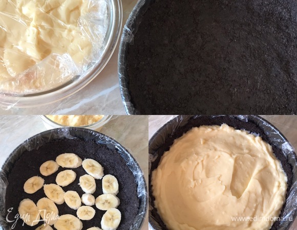Спустя указанное время банан нарезать тонкими пластинками (если у вас бананы маленькие, то можно взять 2 шт.) и равномерно распределить по шоколадному коржу. Сверху покрыть кремом и разровнять.