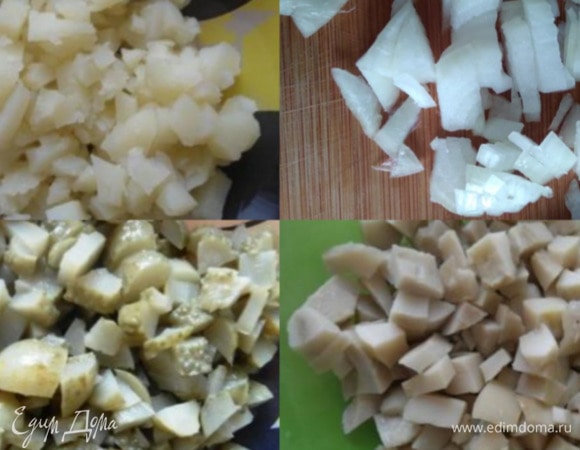 Нарезать все продукты мелкими кубиками. Соединить с горошком, заправкой и перемешать.