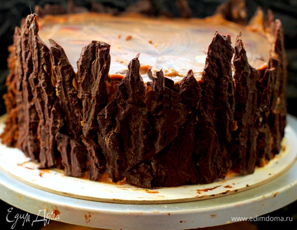 На кусочки коры наносить ганаш и прикладывать к бокам торта, составляя примерно подходящую мозаику. Пусть обломки выступают сверху для живописности пня. Верх не покрывать корой.