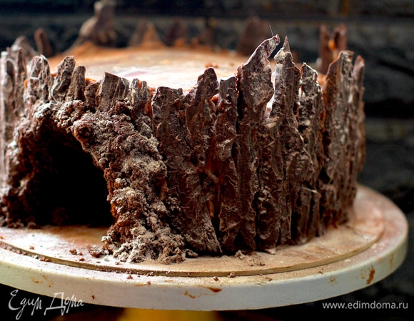 На данном этапе декорирования вам понадобится кусочек шоколадного бисквита (грамм 30–40). Если у вас остаются обрезки от торта, не выкидывайте, заморозьте на такие случае: сделать декор, кейк-попс, эскимо, пирожное «Картошку». Смешиваем обрезки и ганаш до состояния пластичной массы. Масса дожна быть консистенции нагретого пластилина. Делаем из массы ободок над дуплом, хорошо прижимая массу. В холоде ганаш застынет, масса будет держаться хорошо. Также можно под самим пнем сделать из этой массы узловатые корни. У меня маленькая подложка, для корней места не оказалось. Внутри пещеру тоже можно немного покрыть массой для текстуры. Дать торту застыть в холоде примерно полчаса. Далее тонируем пень. Берем кукурузный крахмал, какао и в летнем варианте — пудру чая матча. Широкой сухой кистью проходим все впадины какао, все выпуклости — крахмалом. Пень будет выглядеть очень натурально после такой обработки. Ставим в холод и занимаемся «снегом».