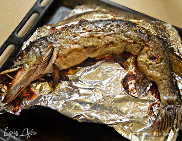 Отправляем щуку в духовку, нагретую до 180°C, запекаться на 1 ч. После запекания даем остыть.