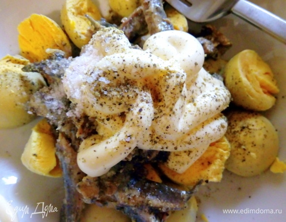 Добавляем к желткам соль, перец, полбанки шпрот, майонез — все хорошо измельчаем при помощи кухонной машины KENWOOD.