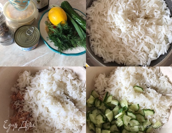 Рис отварить в подсоленной воде, затем промыть холодной водой и дать воде стечь. Огурцы, укроп и зеленой лук нарезать. В салатницу переложить тунец (если у вас тунец в масле, то маслом салат уже заправлять не надо, у меня тунец в собственном соку, поэтому я заправляю салат оливковым маслом), рис и нарезанный огурец.