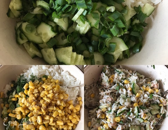 Затем добавить укроп, зеленый лук, кукурузу, лимонный сок, соль, перец, оливковое масло и хорошо перемешать салат.