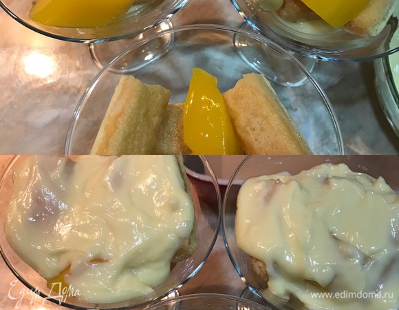 Сверху разложить 2–3 маленьких кусочка манго и покрыть кремом.