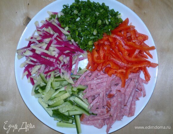 На тарелку для подачи выложить по кругу нарезанные продукты.