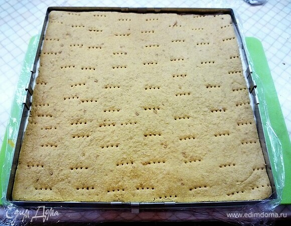 Сборка пирожных в квадратной форме 25 х 25 см. Вниз кладем первый медовый бисквит, на него наливаем немного абрикосового мусса, затем выкладываем абрикосовое компоте и равномерно распределяем, выливаем еще часть мусса. Далее поверх мусса кладем второй бисквит и выливаем на бисквит оставшийся мусс. Убираем в морозильную камеру на 8 часов, а лучше на ночь.